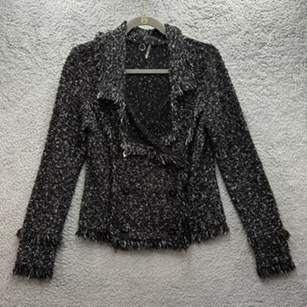 One Girl Who‎ Medium Jacket Snaps Stretchy Long Sleeves Black White Fringe